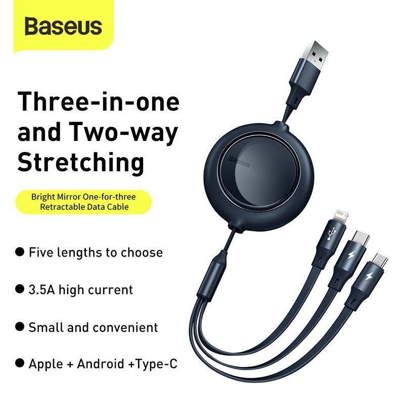 Baseus 3-in-1 Fast Charging Data Cable Baseus Bright Mirror 2 Series Retractable 3-in-1 Fast Charging Data Cable USB to M+L+C 3.5A - Image 2