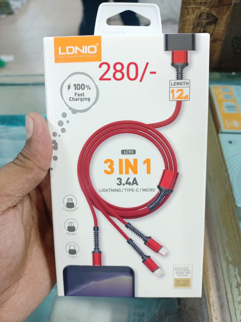 LDNIO LC93 3-in-1 3.4A Fast Charging Data Cable- Red Color - Image 2