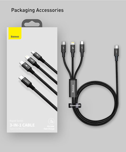 Baseus PD 20W Rapid Series 3-in-1 Fast Charging Data Cable Type-C to M+L+C - Image 2
